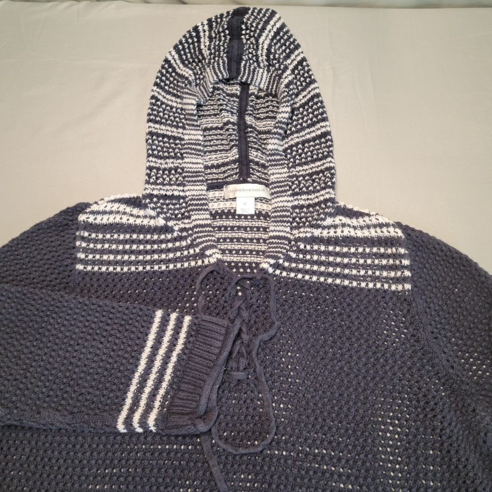 Christopher & Banks Hoodie Women XL Blue Striped Lace Up Mesh Knit Coastal Boho
